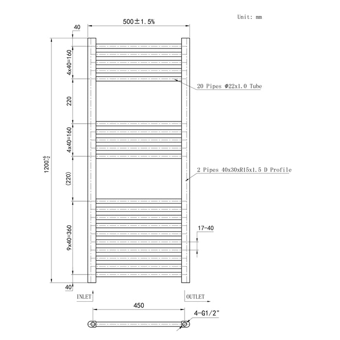 Termoarredo Bagno in Acciaio al Carbonio Calorifero Riscaldamento ad Acqua Bianco 1200x500 mm