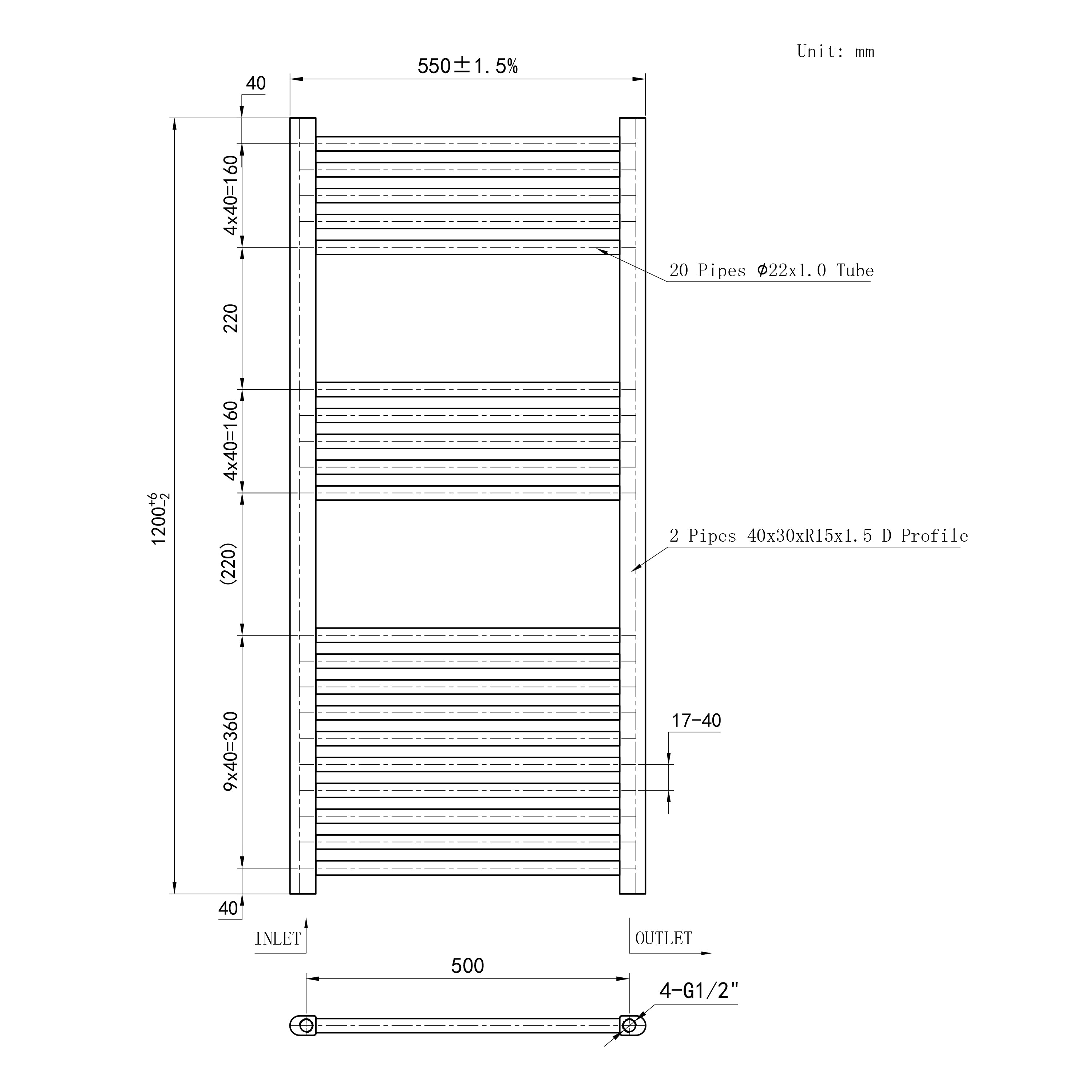 Scaldasalviette Termoarredo Bagno in Acciaio al Carbonio 1200x550mm Radiatore Termoarredo Idraulico Antracitico