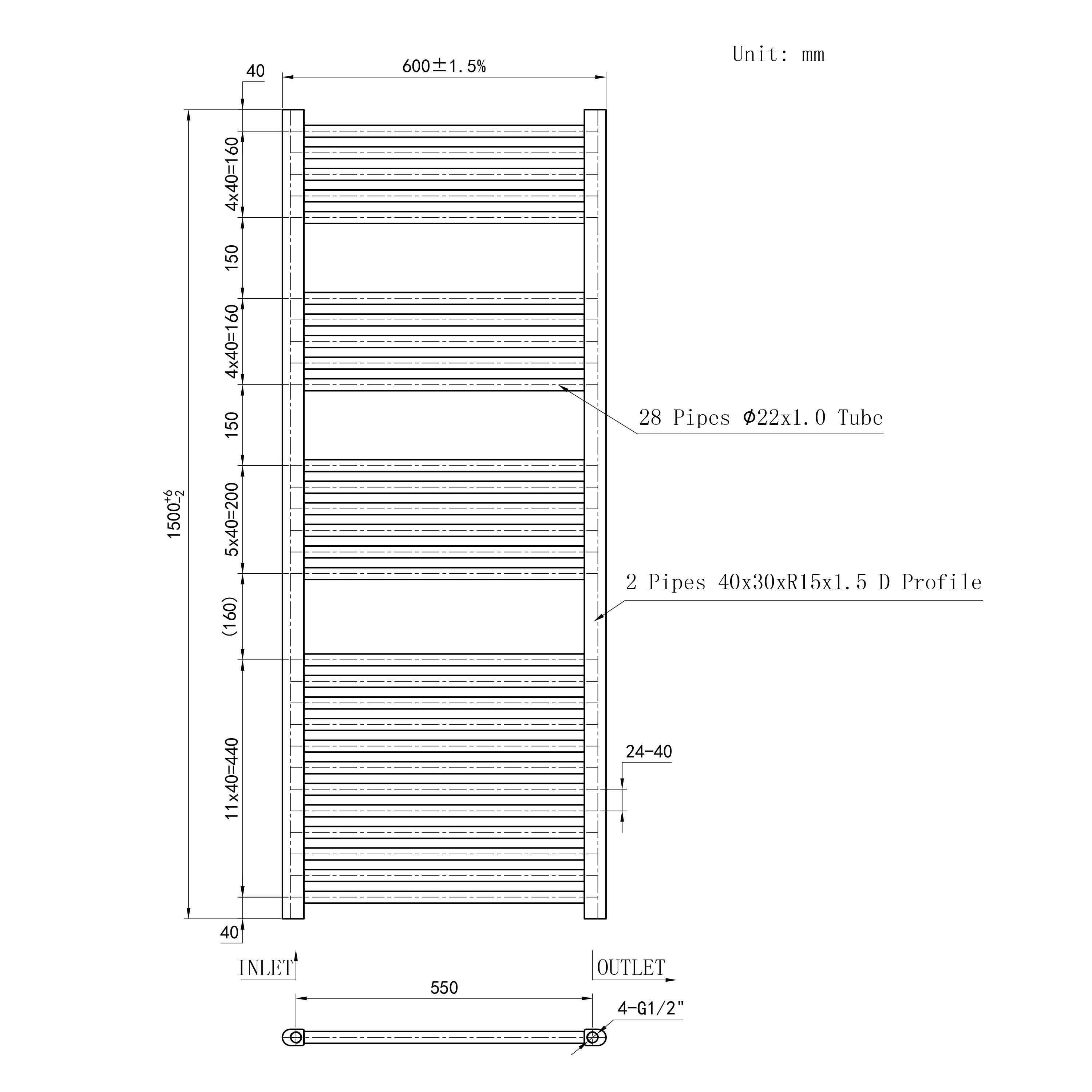 Termoarredo Bagno in Acciaio al Carbonio Calorifero Riscaldamento ad Acqua Bianco 1500x600 mm