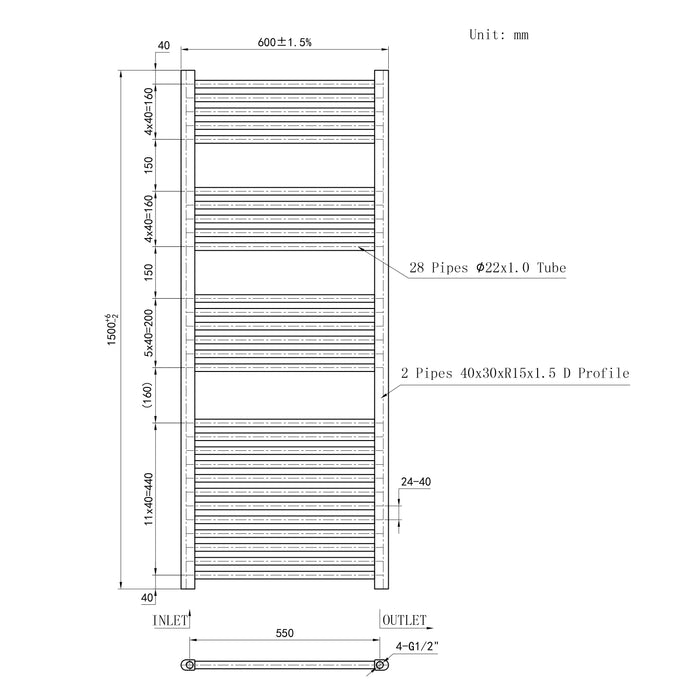 Termoarredo Bagno in Acciaio al Carbonio Calorifero Riscaldamento ad Acqua Antracite 1500x600 mm