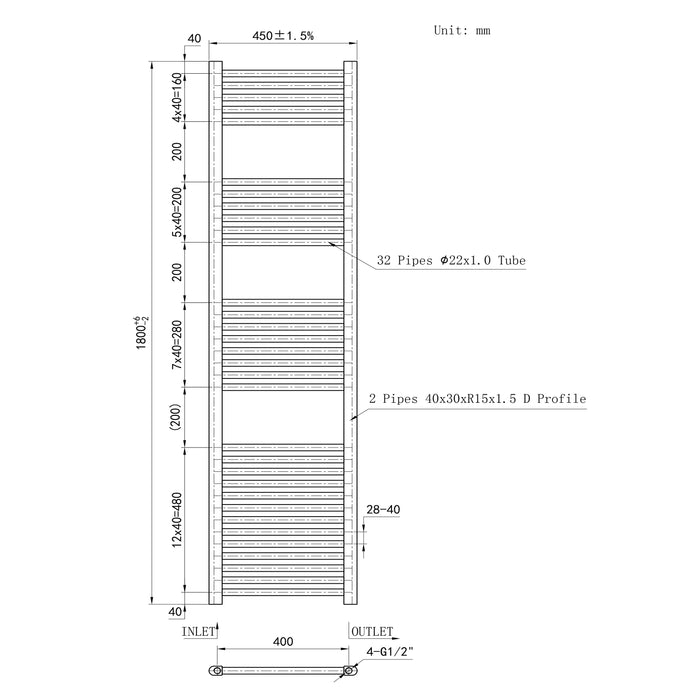 Termoarredo Bagno in Acciaio al Carbonio Calorifero Riscaldamento ad Acqua Bianco 1800x450 mm