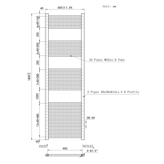 Termoarredo Bagno in Acciaio al Carbonio Calorifero Riscaldamento ad Acqua Bianco 1800x500 mm