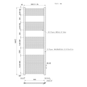 Termoarredo Bagno in Acciaio al Carbonio Calorifero Riscaldamento ad Acqua Antracite 1800x550 mm