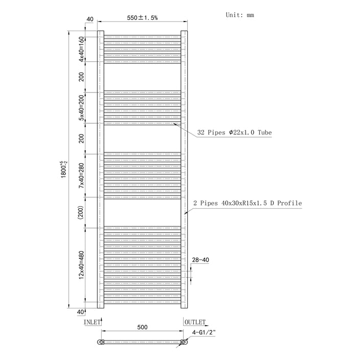 Termoarredo Bagno in Acciaio al Carbonio Calorifero Riscaldamento ad Acqua Antracite 1800x550 mm