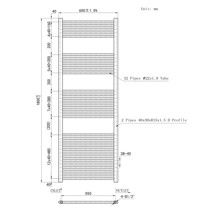 Termoarredo Bagno in Acciaio al Carbonio Calorifero Riscaldamento ad Acqua Bianco 1800x600 mm