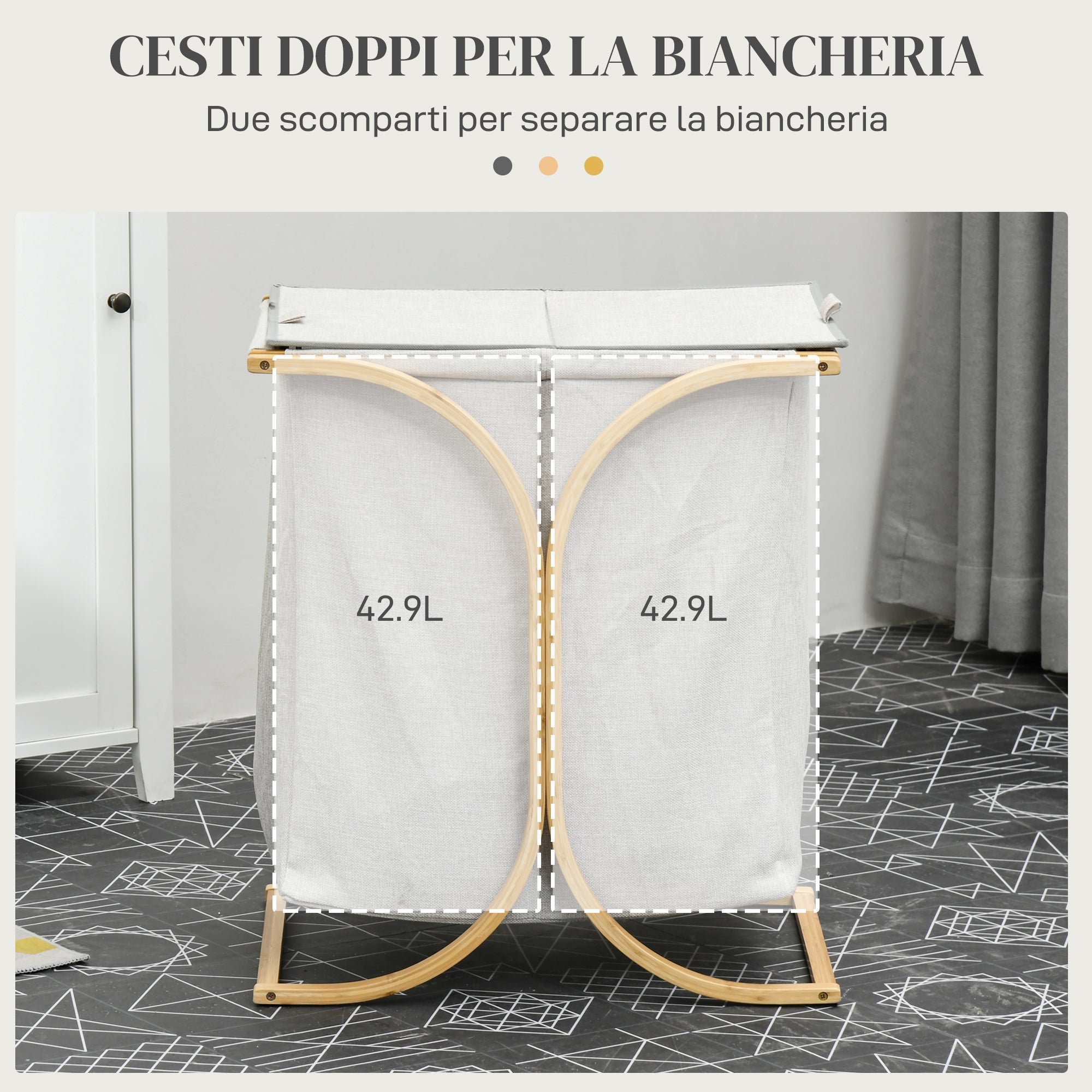 Cesto Portabiancheria 2 Sezioni con Coperchio 55x40x62 cm in Bambù e Poliestere Grigio