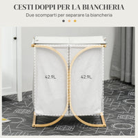 Cesto Portabiancheria 2 Sezioni con Coperchio 55x40x62 cm in Bambù e Poliestere Grigio