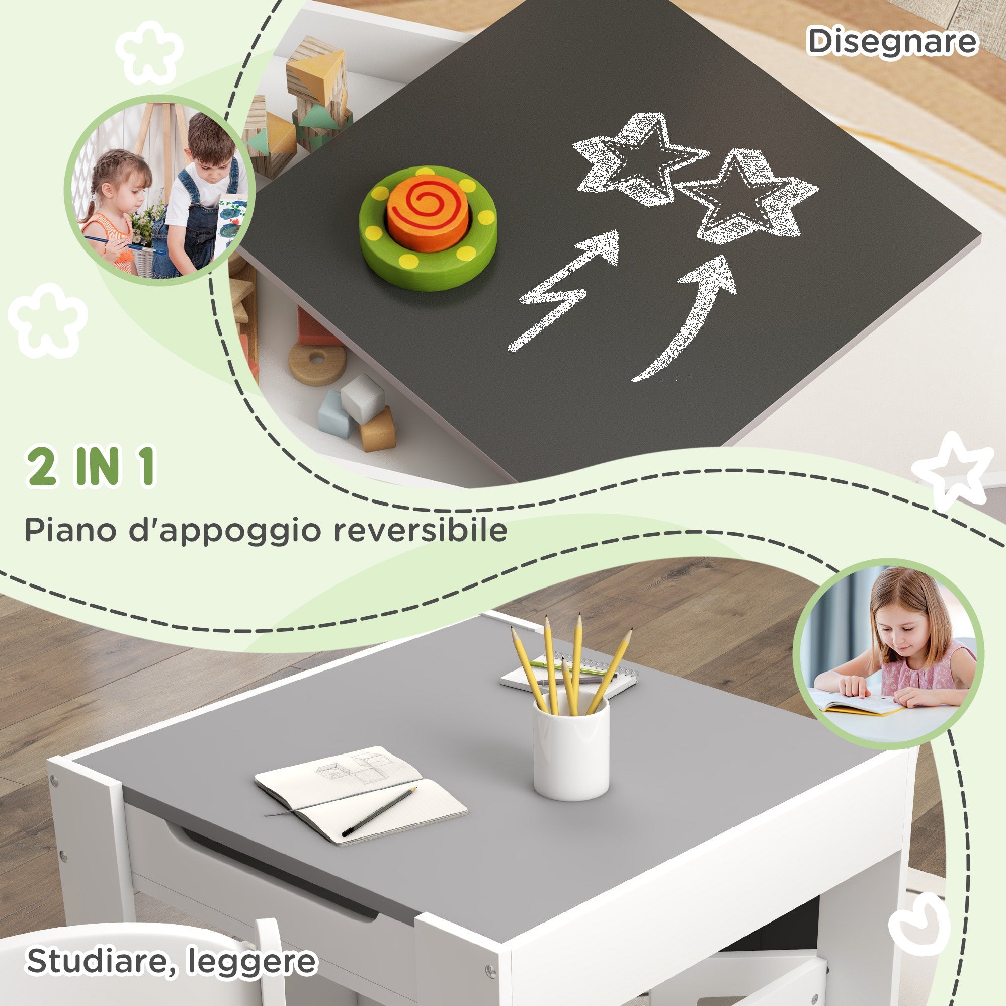 Set Tavolino per Bambini e 2 Sedie Piano del Tavolo 2 in 1 con Lavagna e Contenitori Grigio