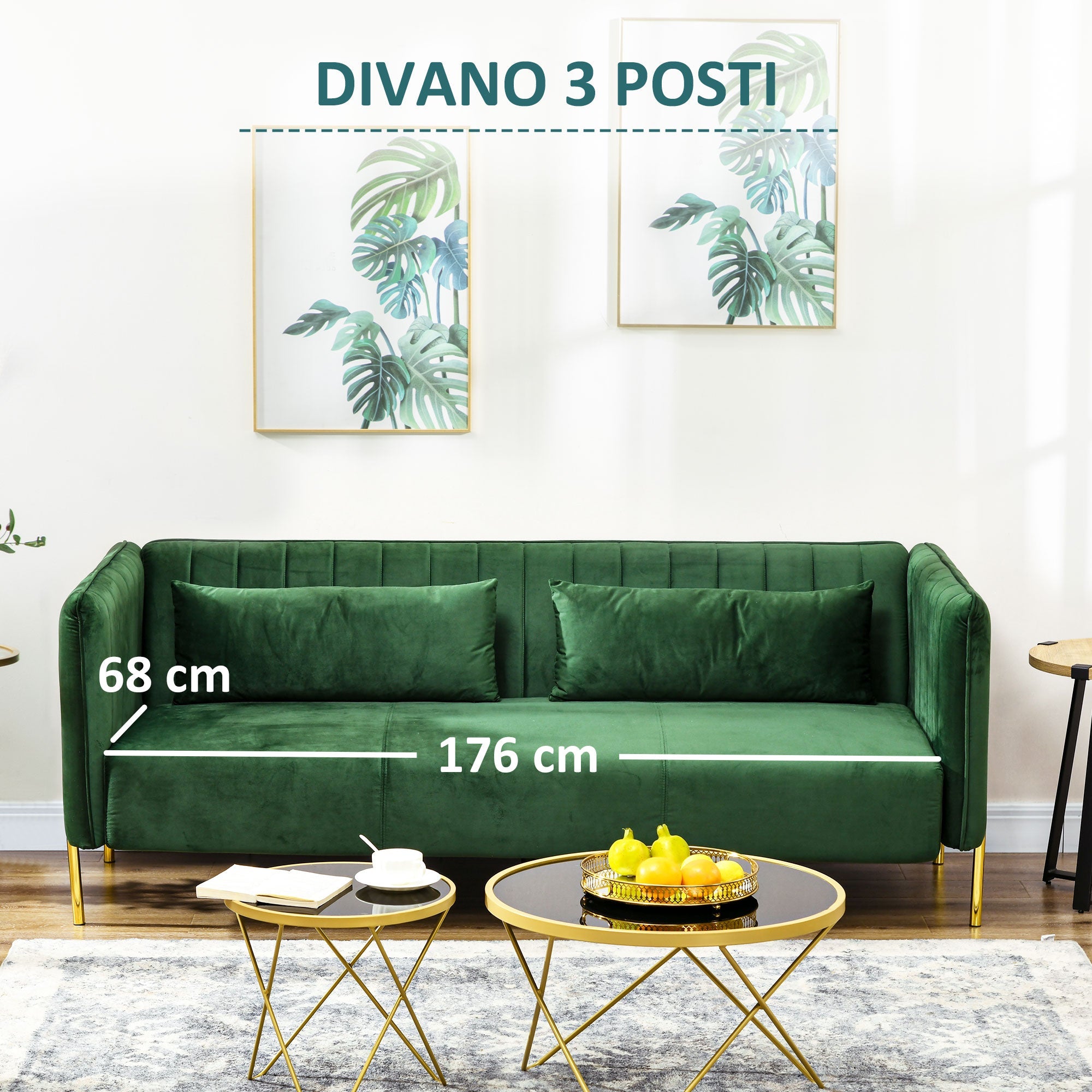 Divano 3 Posti 200x88x76 cm in Acciaio e Tessuto Vellutato Verde