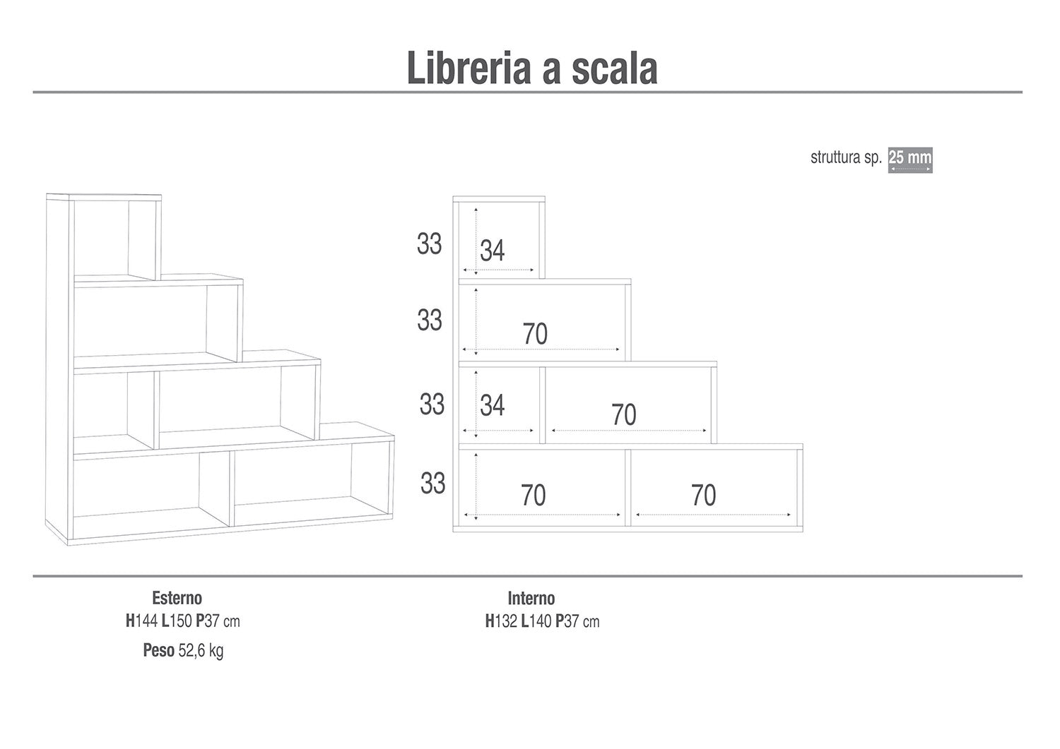 Libreria a Scala 4 Ripiani 150x144x38 cm Cemento