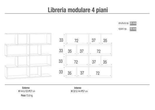 Libreria Modulare 4 Ripiani 150x144x38 cm Cemento