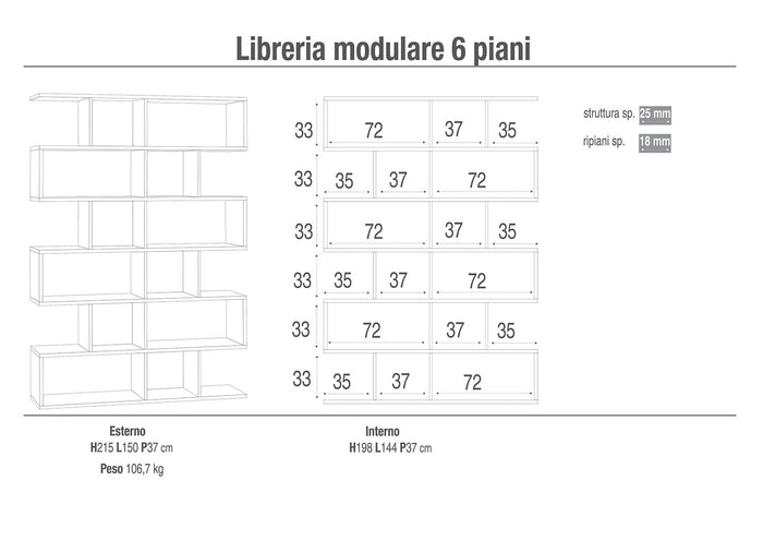 Libreria Modulare 6 Ripiani 150x215x38 cm Cemento/Ossido Bianco