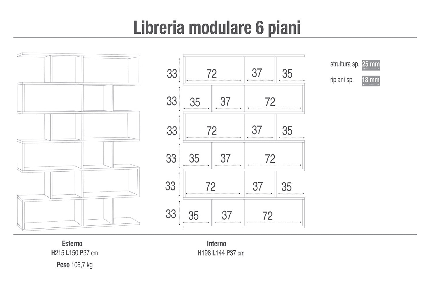 Libreria Modulare 6 Ripiani 150x215x38 cm Ossido Bianco