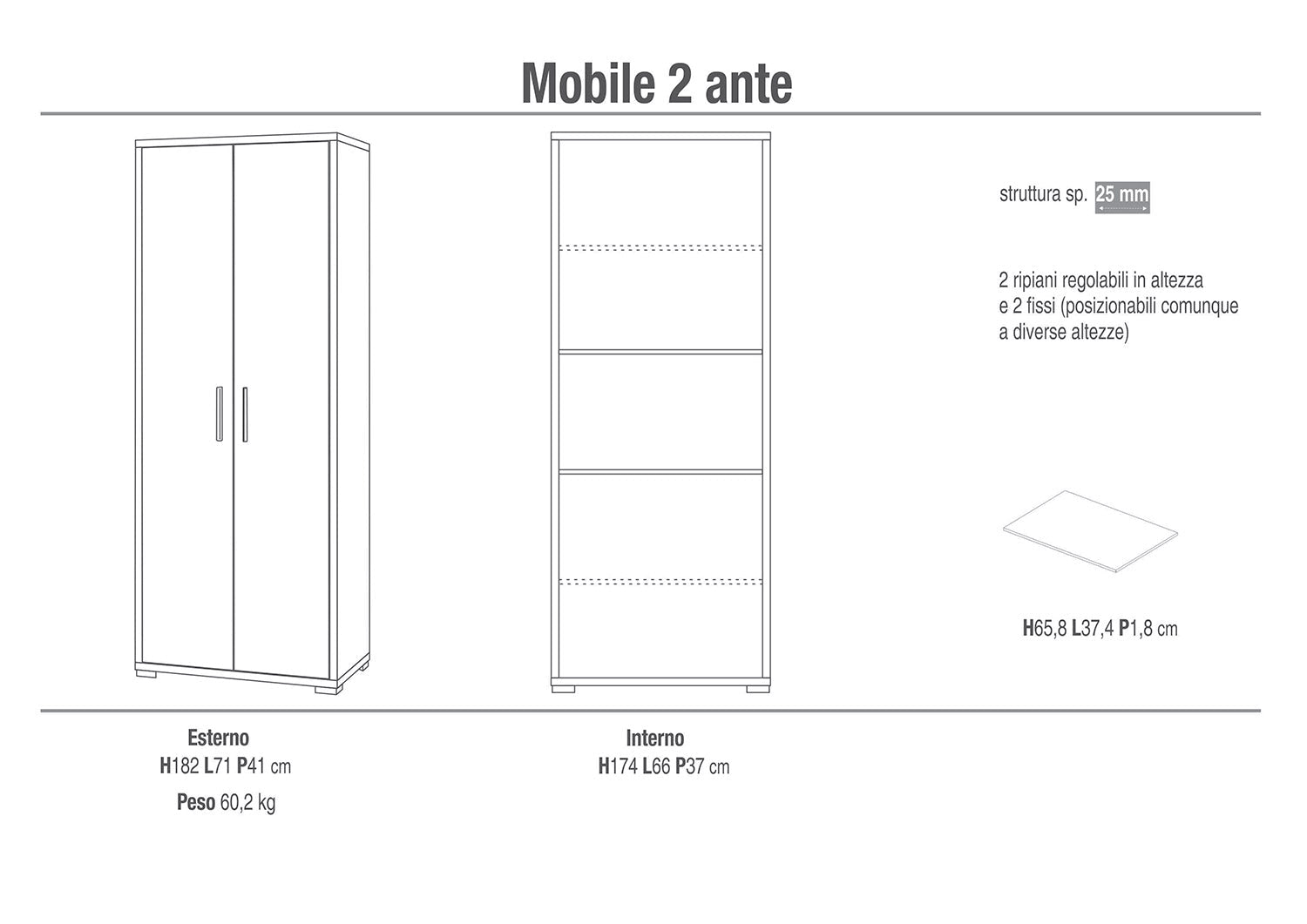 Armadio 2 Ante 71x182x41 cm Noce Stelvio/Ossido Nero