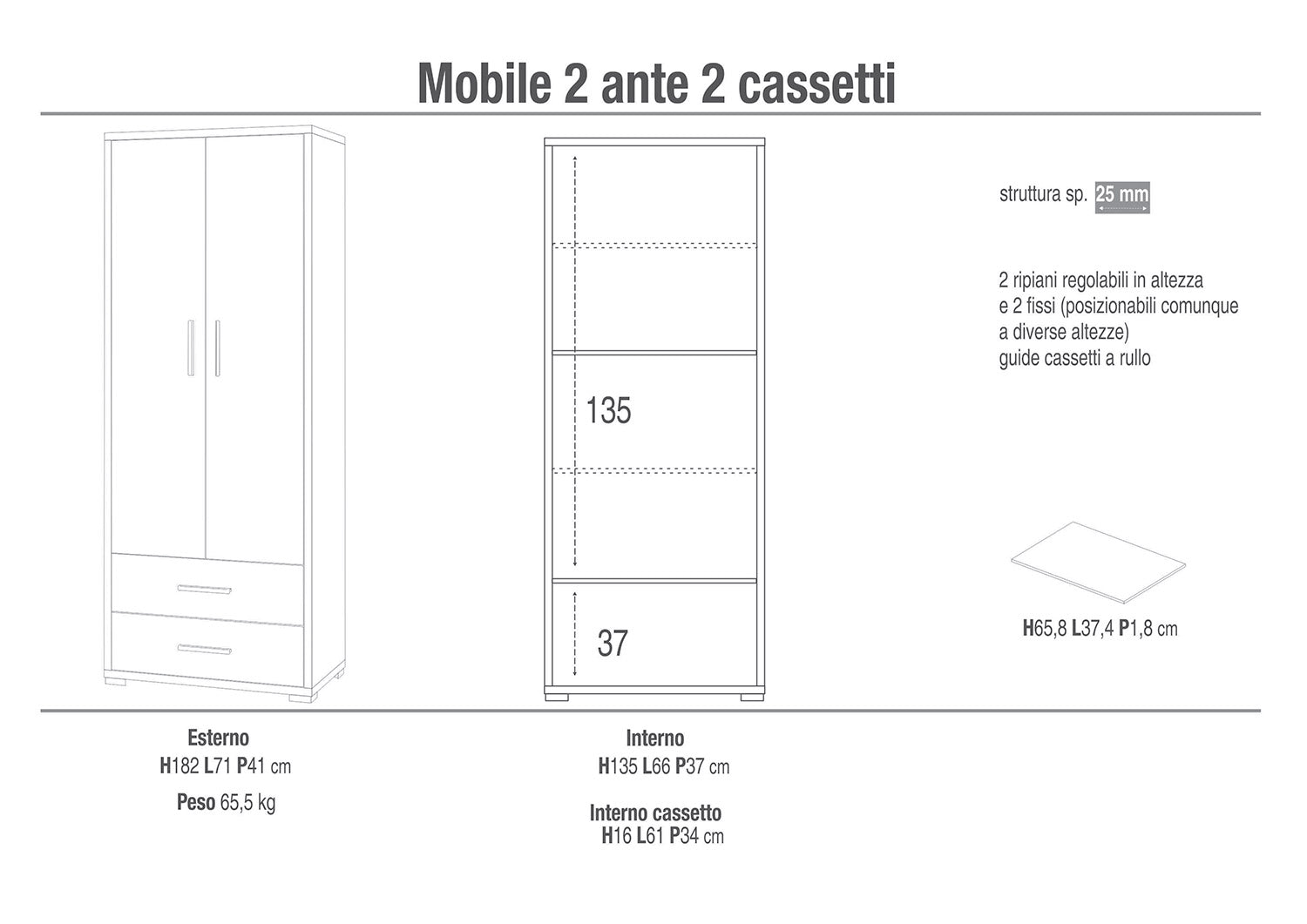 Armadio 2 Ante 2 Cassetti 71x182x41 cm Noce Stelvio/Ossido Bianco