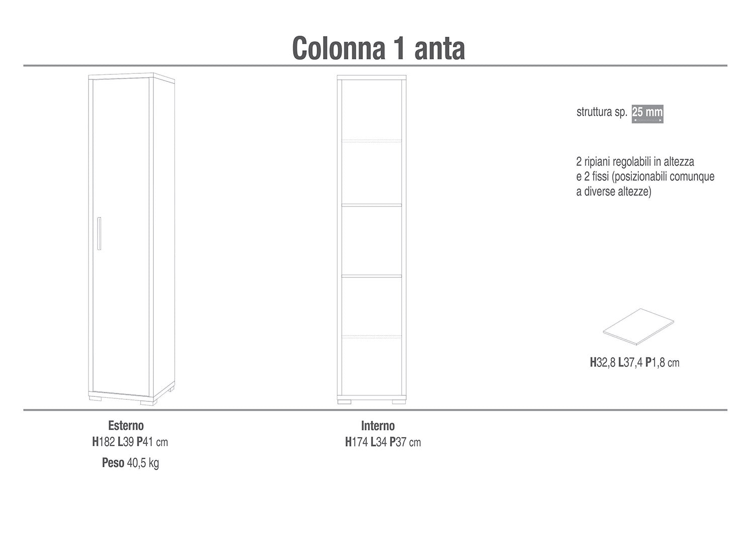 Armadio 1 Anta 39x182x41 cm Ossido Bianco/Noce Stelvio