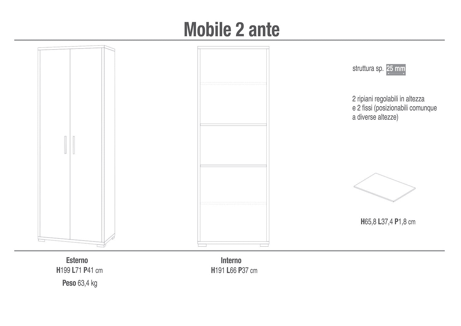 Armadio 2 Ante 71x199x41 cm Ossido Bianco/Ossido Nero