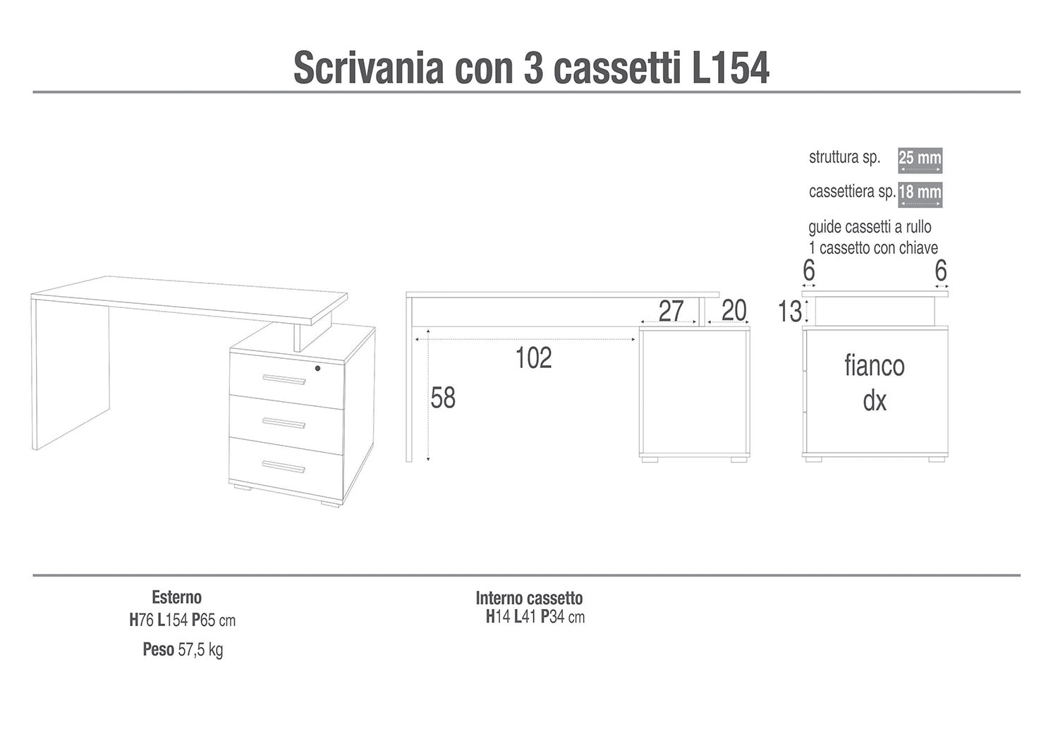 Scrivania da Ufficio 3 Cassetti 154x76x55 cm Noce Stelvio/Noce