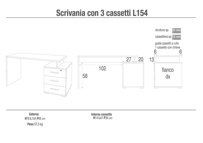 Scrivania da Ufficio 3 Cassetti 154x76x55 cm Noce Stelvio/Noce