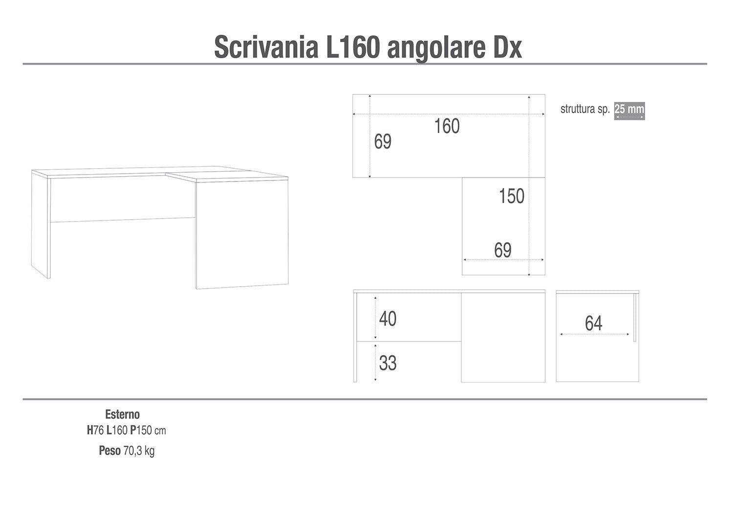 Scrivania da Ufficio Angolare Destra 160x76x150 cm Cemento