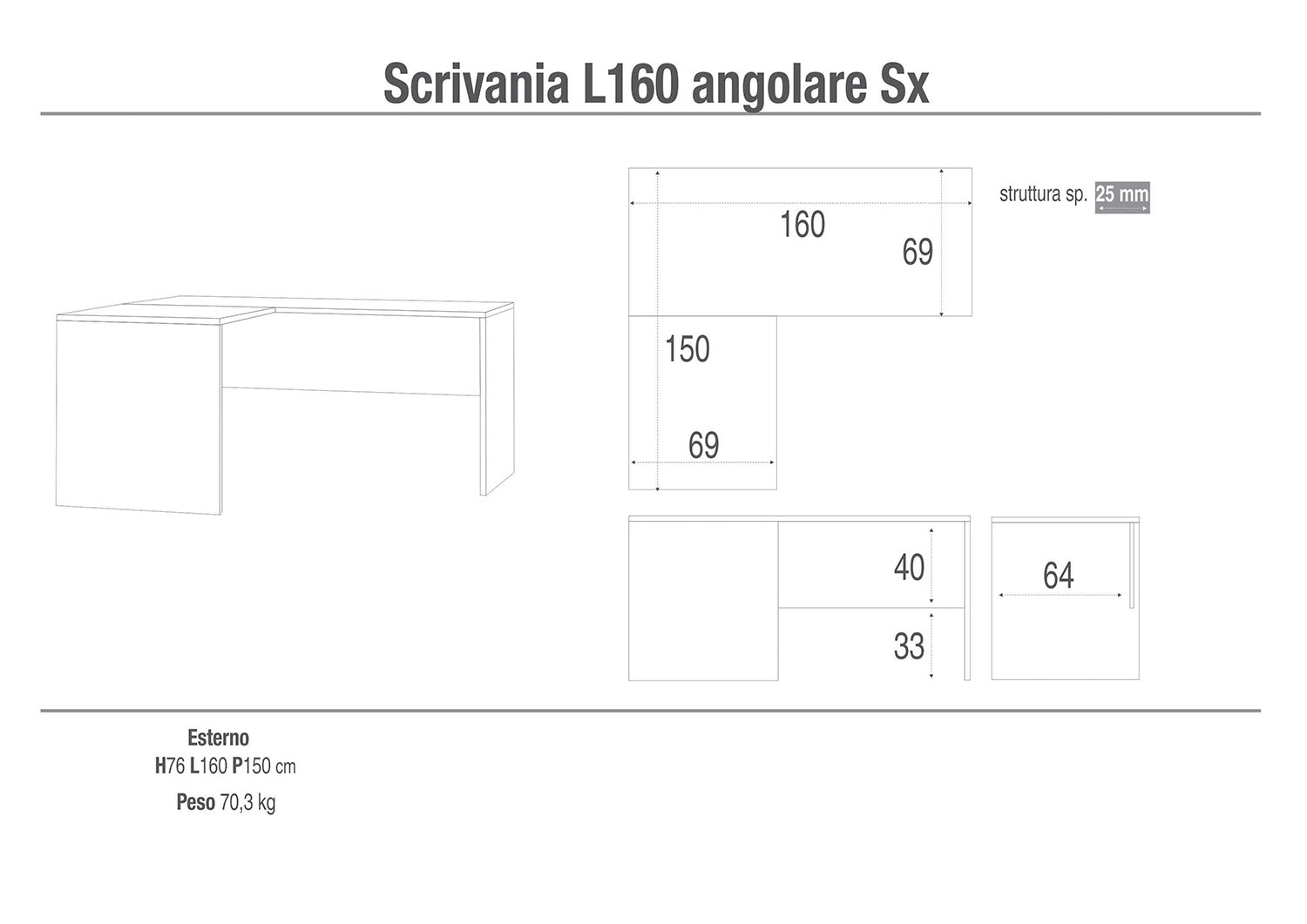 Scrivania da Ufficio Angolare Sinistra 160x76x150 cm Cemento