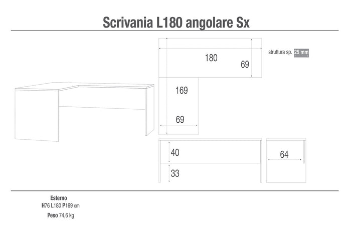 Scrivania da Ufficio Angolare Sinistra 180x76x169 cm Noce Stelvio