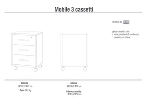 Cassettiera 3 Cassetti con Ruote 51x71x41 cm Ossido Bianco/Noce Stelvio