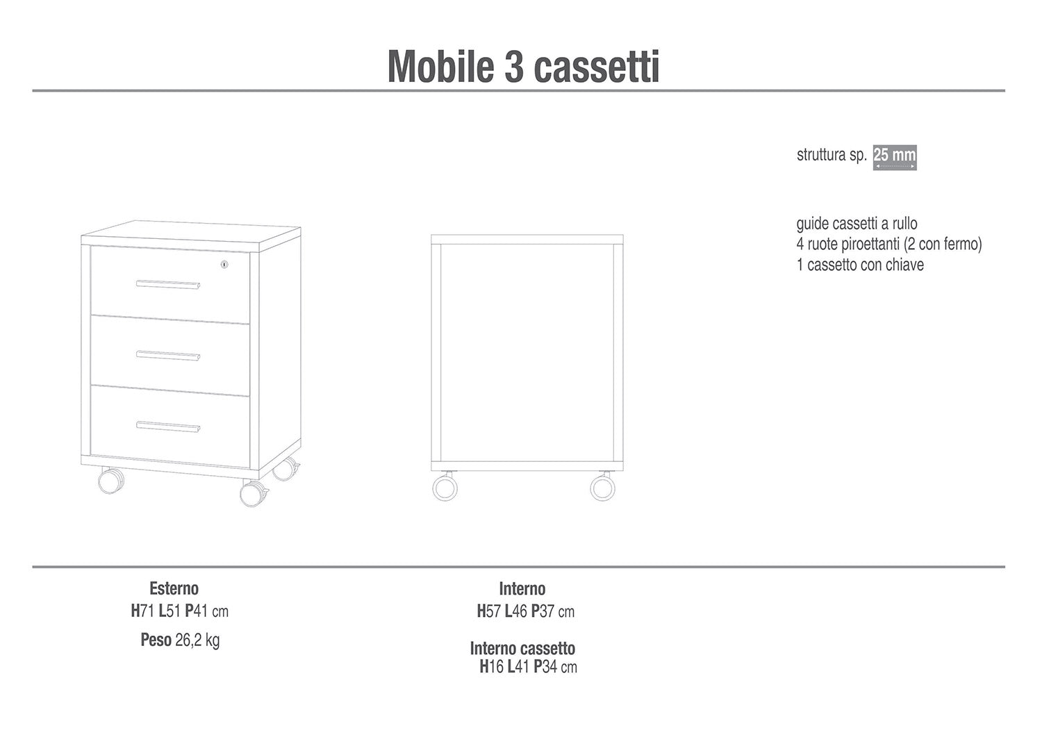 Cassettiera 3 Cassetti con Ruote 51x71x41 cm Noce Stelvio/Ossido Bianco