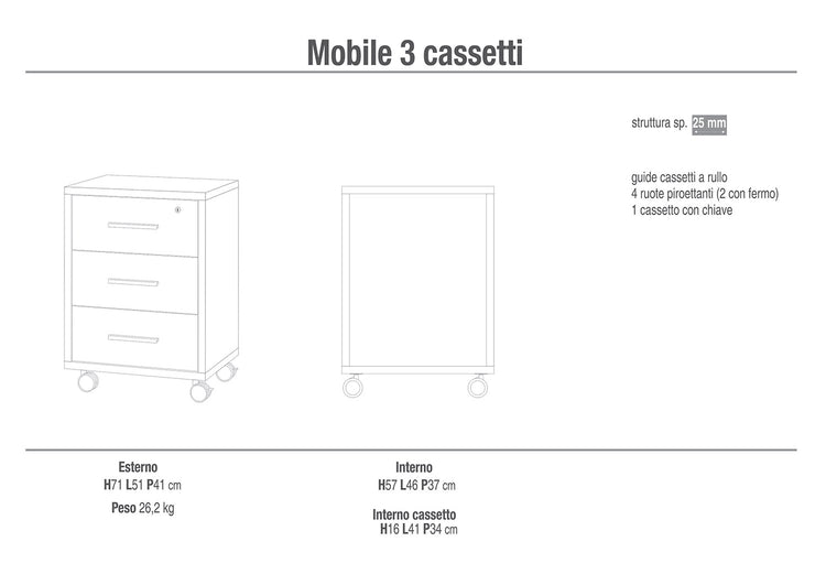 Cassettiera 3 Cassetti con Ruote 51x71x41 cm Noce Stelvio