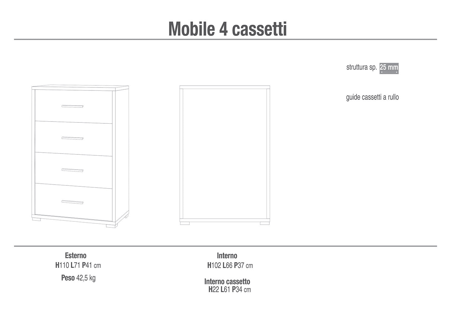 Cassettiera 4 Cassetti 71x110x41 cm Noce Stelvio/Ossido Bianco