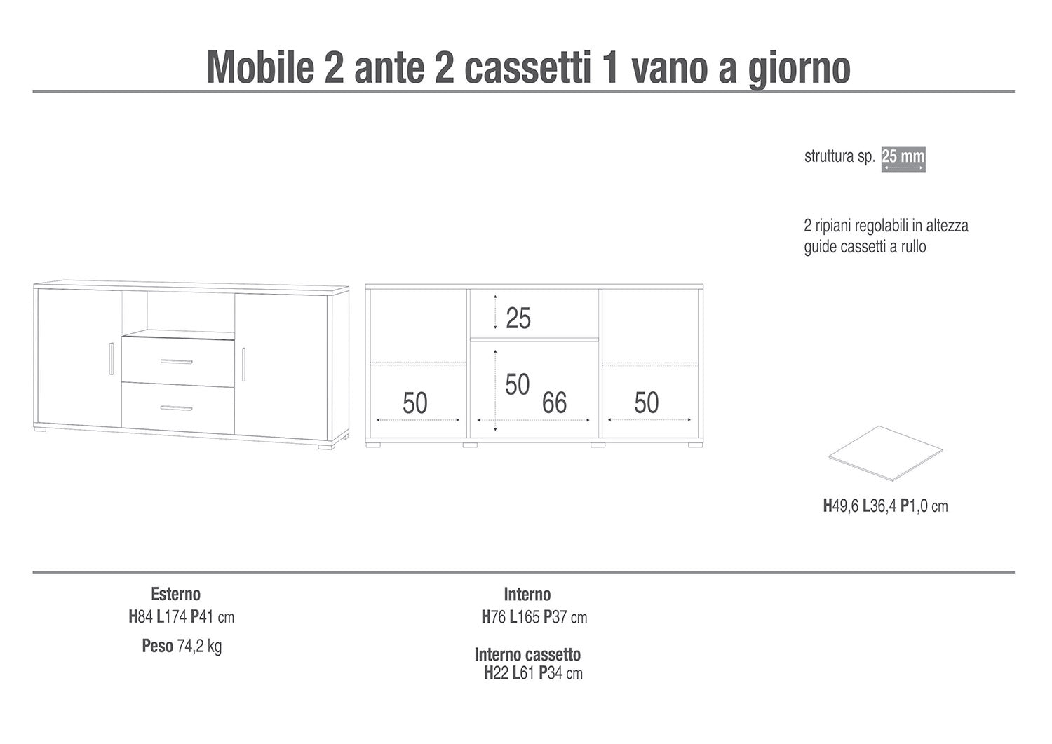 Madia 2 Ante 2 Cassetti 174x84x41 cm Noce Stelvio