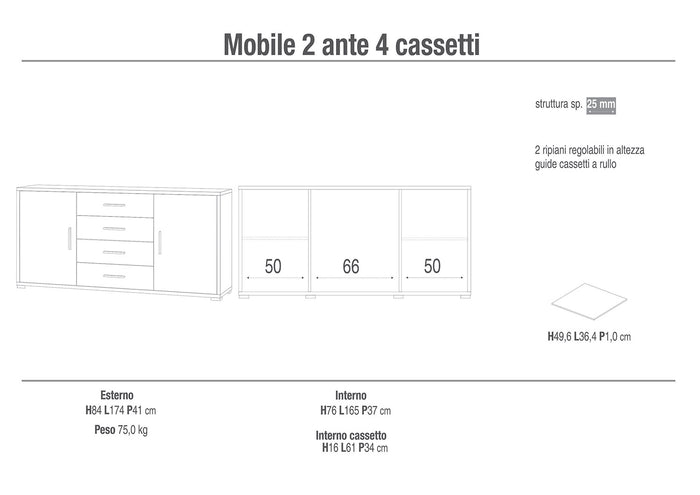 Madia 2 Ante 4 Cassetti 174x84x41 cm Ossido Bianco/Noce Stelvio