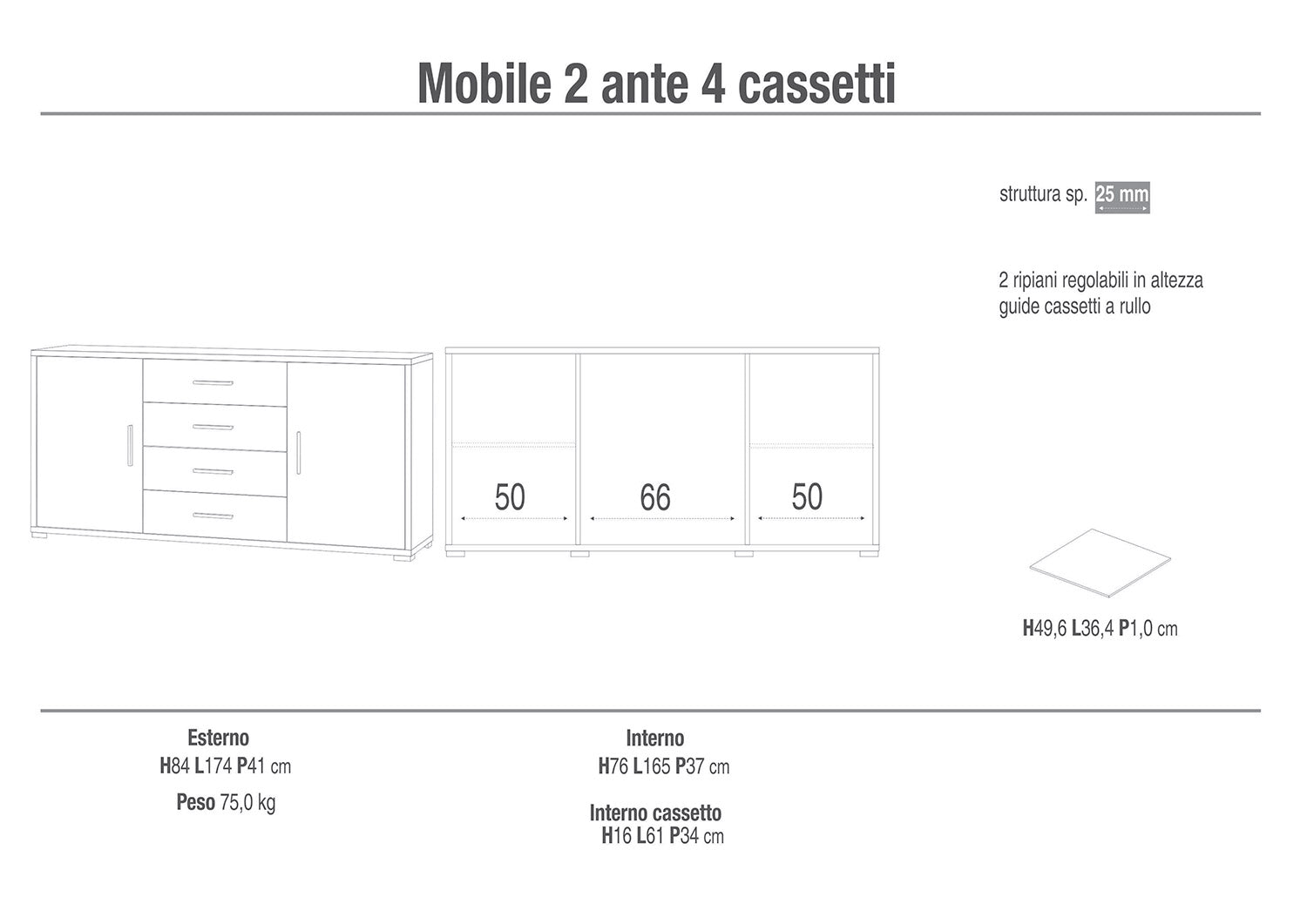 Madia 2 Ante 4 Cassetti 174x84x41 cm Noce Stelvio/Ossido Bianco