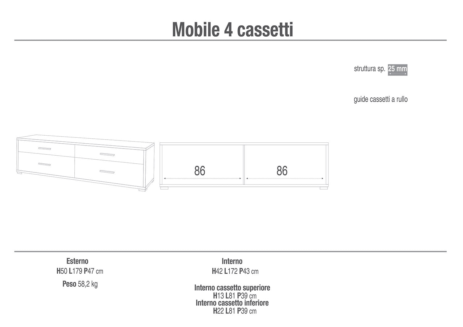 Mobile Basso 4 Cassetti 179x50x47 cm Ossido Bianco/Noce Stelvio