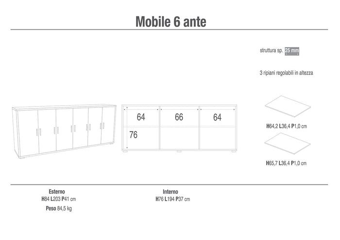 Mobile Basso 6 Ante 203x84x41 cm Ossido Bianco/Noce Stelvio