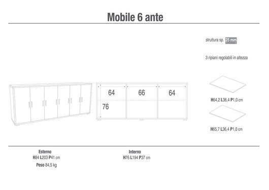 Mobile Basso 6 Ante 203x84x41 cm Ossido Bianco/Ossido Nero