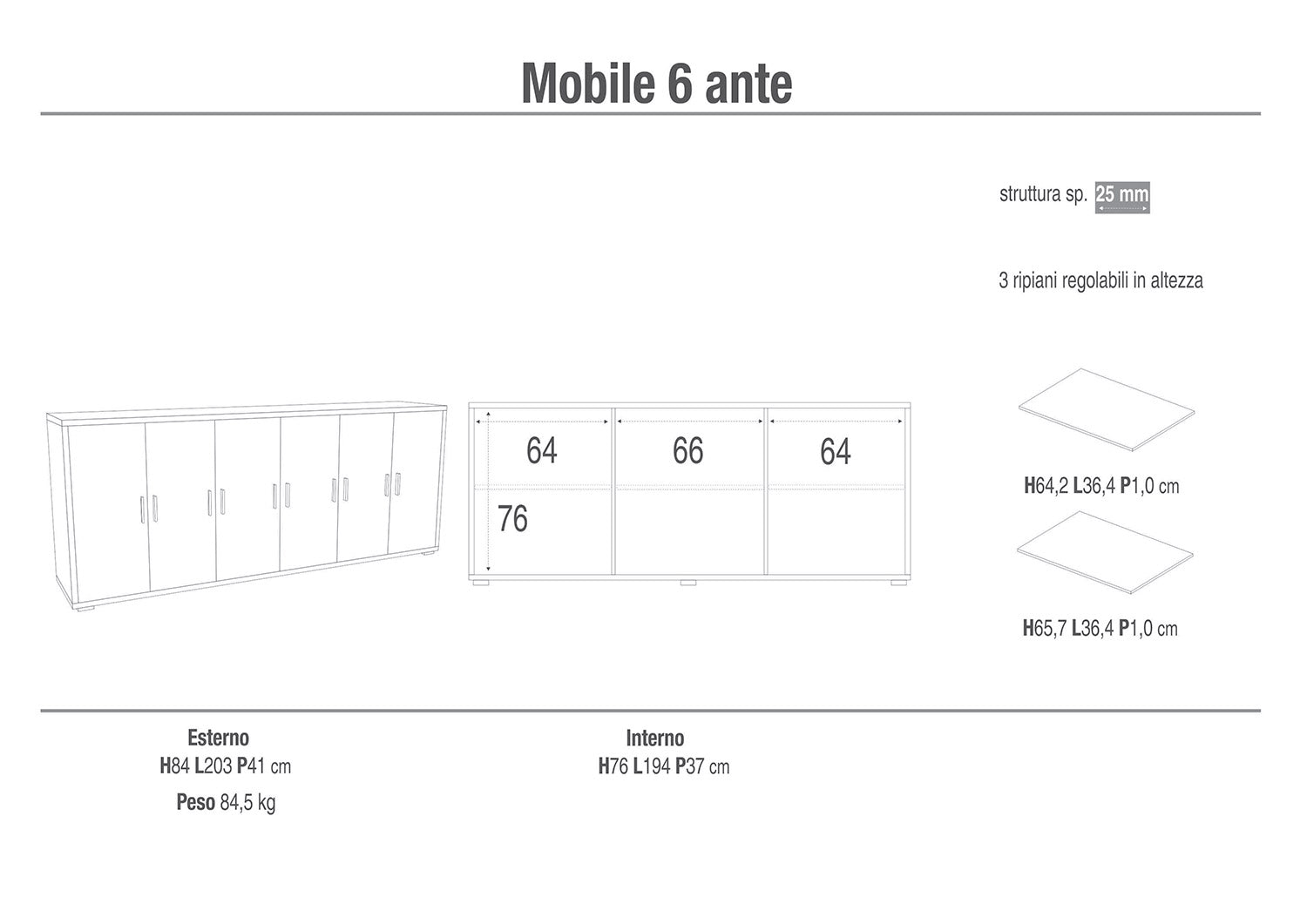 Mobile Basso 6 Ante 203x84x41 cm Noce Stelvio/Ossido Bianco