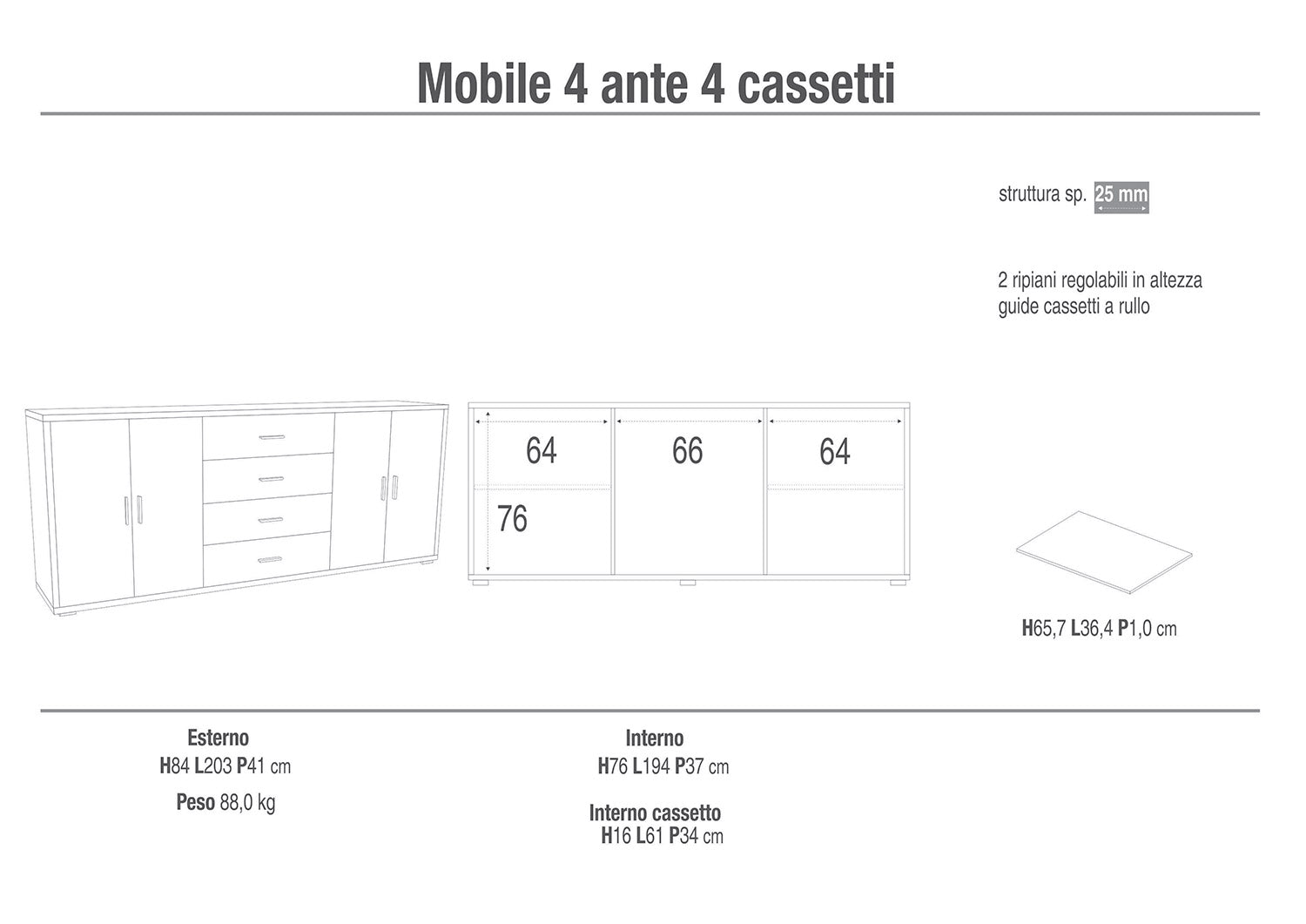 Mobile Basso 4 Ante 4 Cassetti 203x84x41 cm Ossido Bianco/Ossido Nero