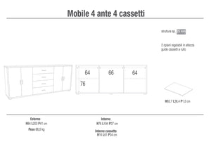 Mobile Basso 4 Ante 4 Cassetti 203x84x41 cm Ossido Bianco/Ossido Nero