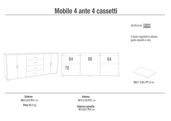 Mobile Basso 4 Ante 4 Cassetti 203x84x41 cm Cemento