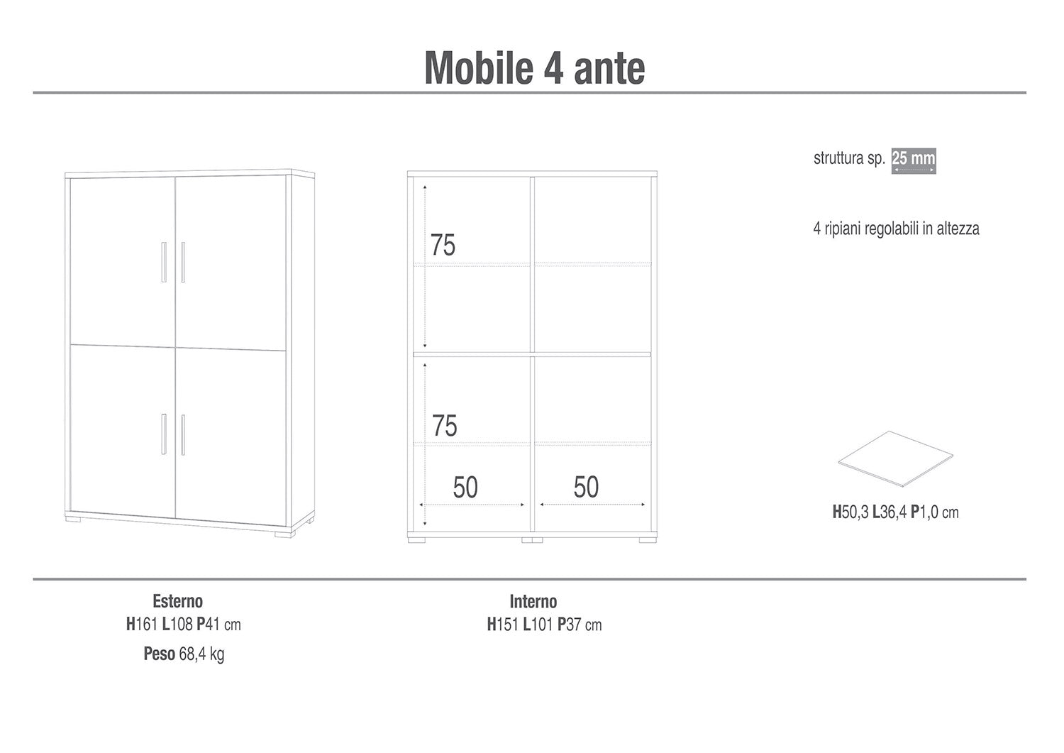 Mobile Multiuso 4 Ante 108x161x41 cm Noce Stelvio/Ossido Bianco