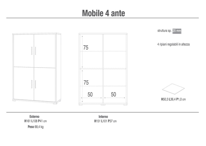 Mobile Multiuso 4 Ante 108x161x41 cm Noce Stelvio/Ossido Bianco