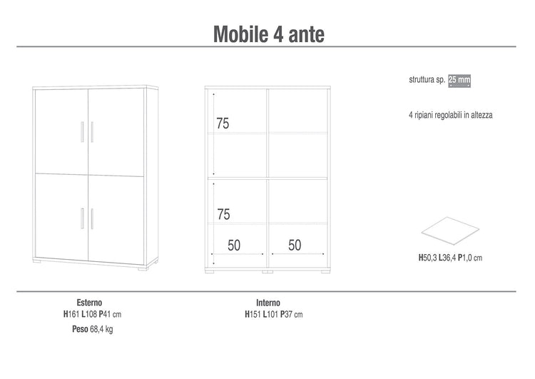 Mobile Multiuso 4 Ante 108x161x41 cm Noce Stelvio/Ossido Bianco