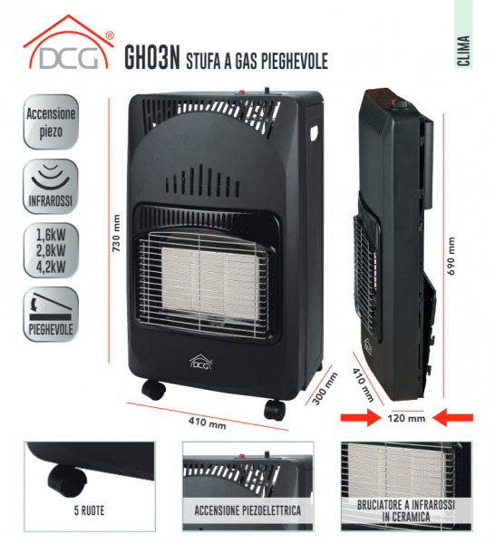 Dcg stufa ad infrarossi con portabombola pieghevole accensione piezoelettrica