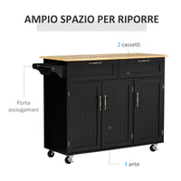 Carrello da Cucina 121x46x91 cm 2 Cassetti 3 Ante con Ruote Nero