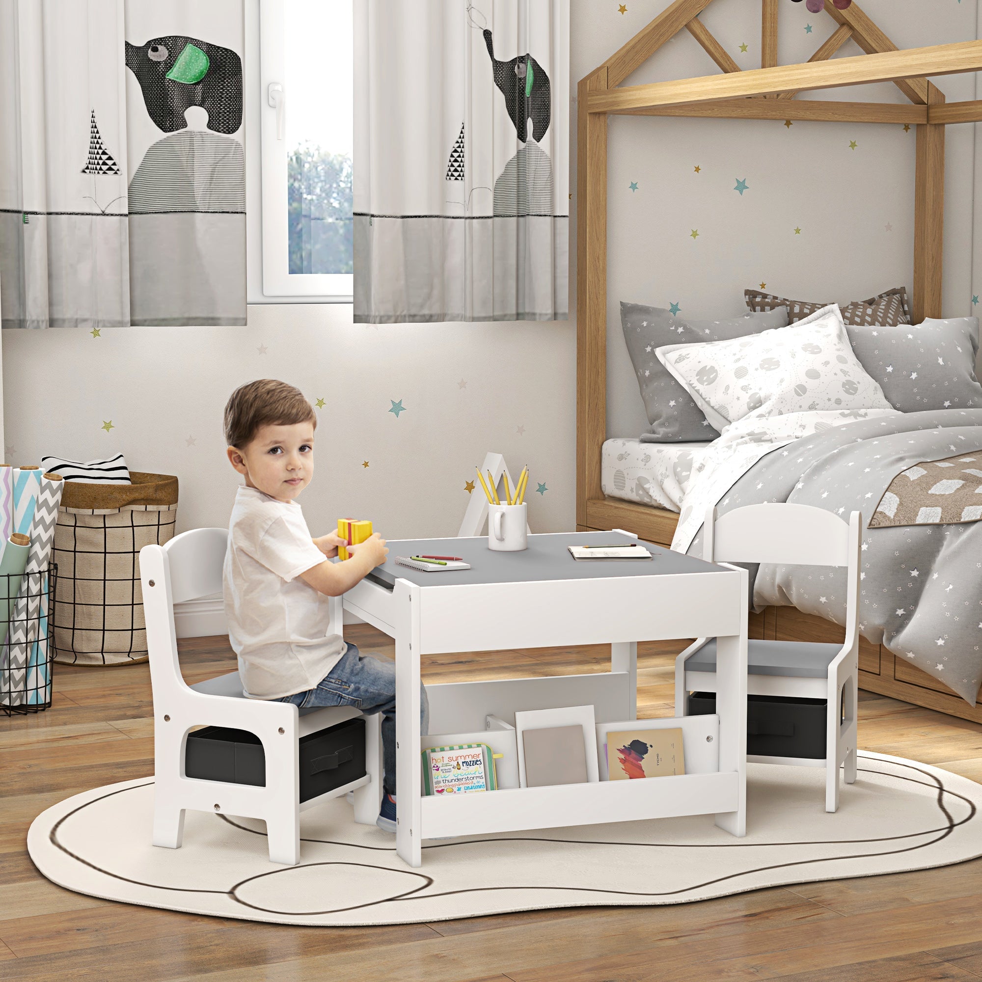 Set Tavolino per Bambini e 2 Sedie Piano del Tavolo 2 in 1 con Lavagna e Contenitori Grigio