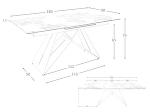 Tavolo da pranzo 180 x 90 x 76 cm allungabile rettangolare porcellanato bianco con striature color terra