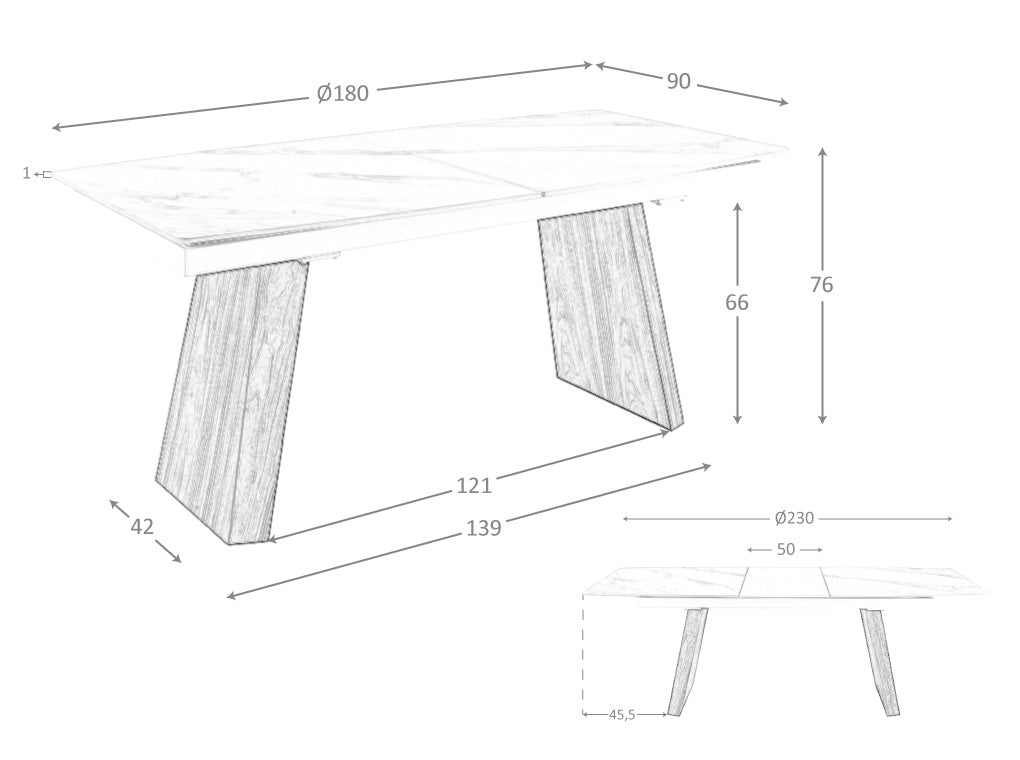 Tavolo da pranzo 180 x 90 x 76 cm allungabile ovale porcellanato e gambe in noce