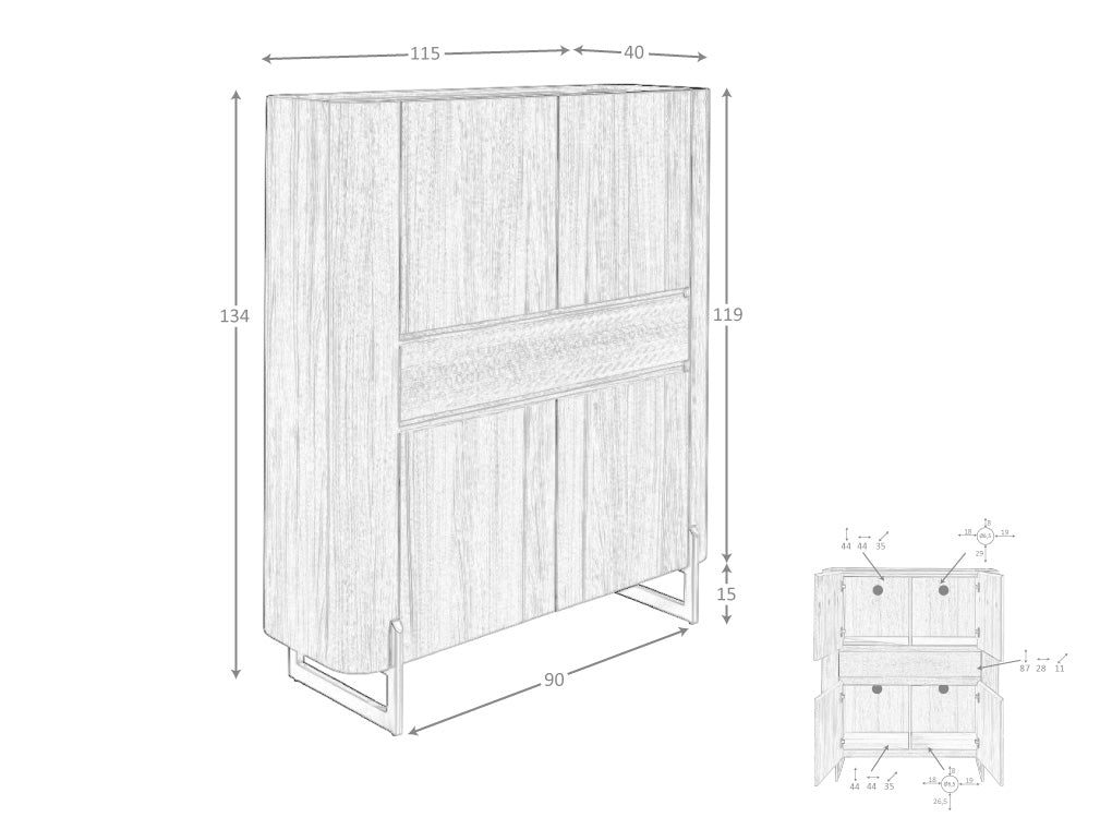 Credenza alta in noce e acciaio scuro metallizzato