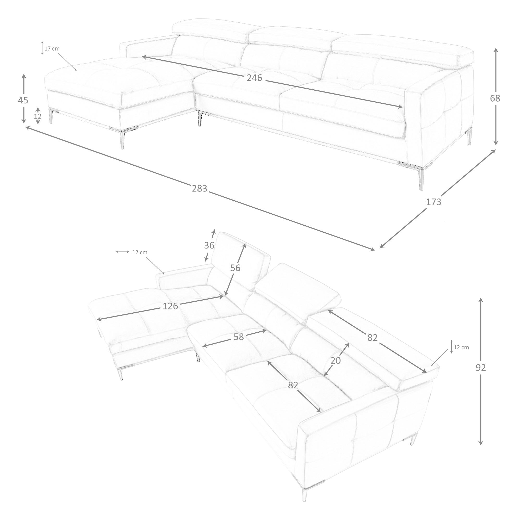 Divano chaise longue sinistro 283 x 173 x 92 cm in pelle colore sabbia